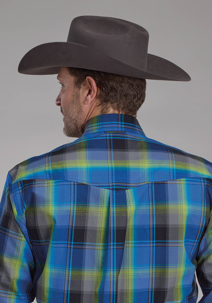 MENS COBALT PLAID LONG SLEEVE BUTTON WESTERN SHIRT