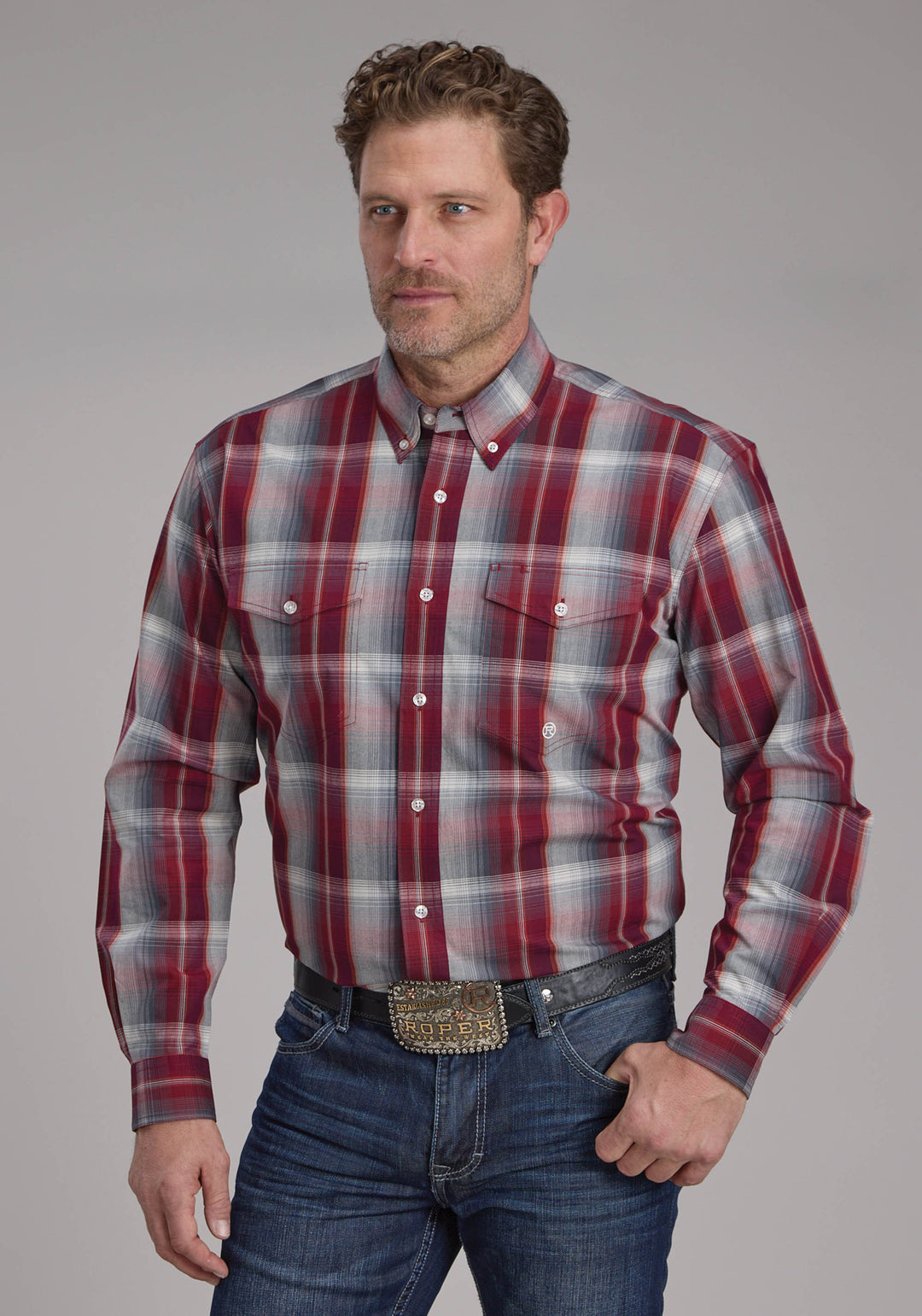 MENS WINE AND SMOKE PLAID LONG SLEEVE BUTTON WESTERN SHIRT