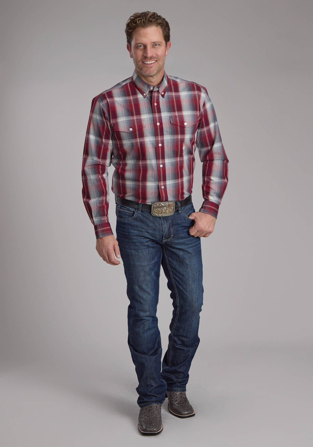 MENS WINE AND SMOKE PLAID LONG SLEEVE BUTTON WESTERN SHIRT
