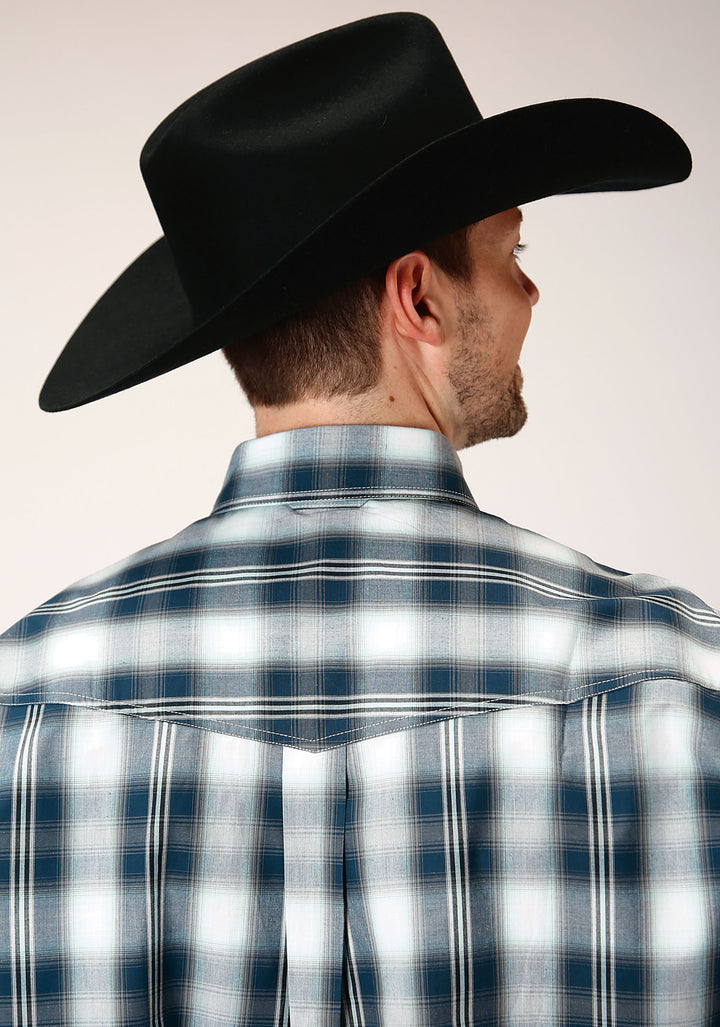 MENS LONG SLEEVE BUTTON BLUE WEST PLAID WESTERN SHIRT