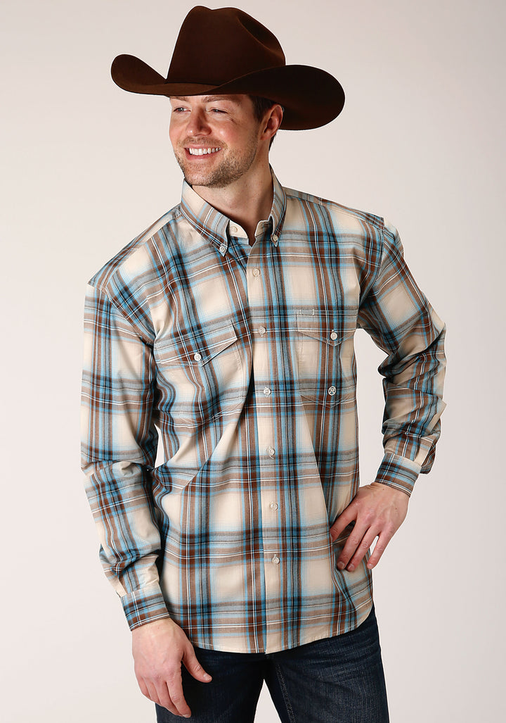 MENS LONG SLEEVE BUTTON COCAO PLAID WESTERN SHIRT