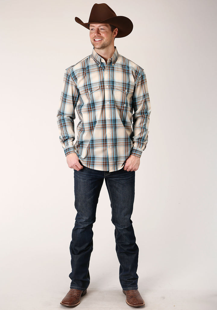 MENS LONG SLEEVE BUTTON COCAO PLAID WESTERN SHIRT
