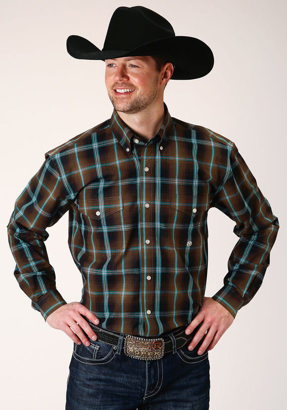 MENS LONG SLEEVE BUTTON DARK CHOCOLATE PLAID WESTERN SHIRT