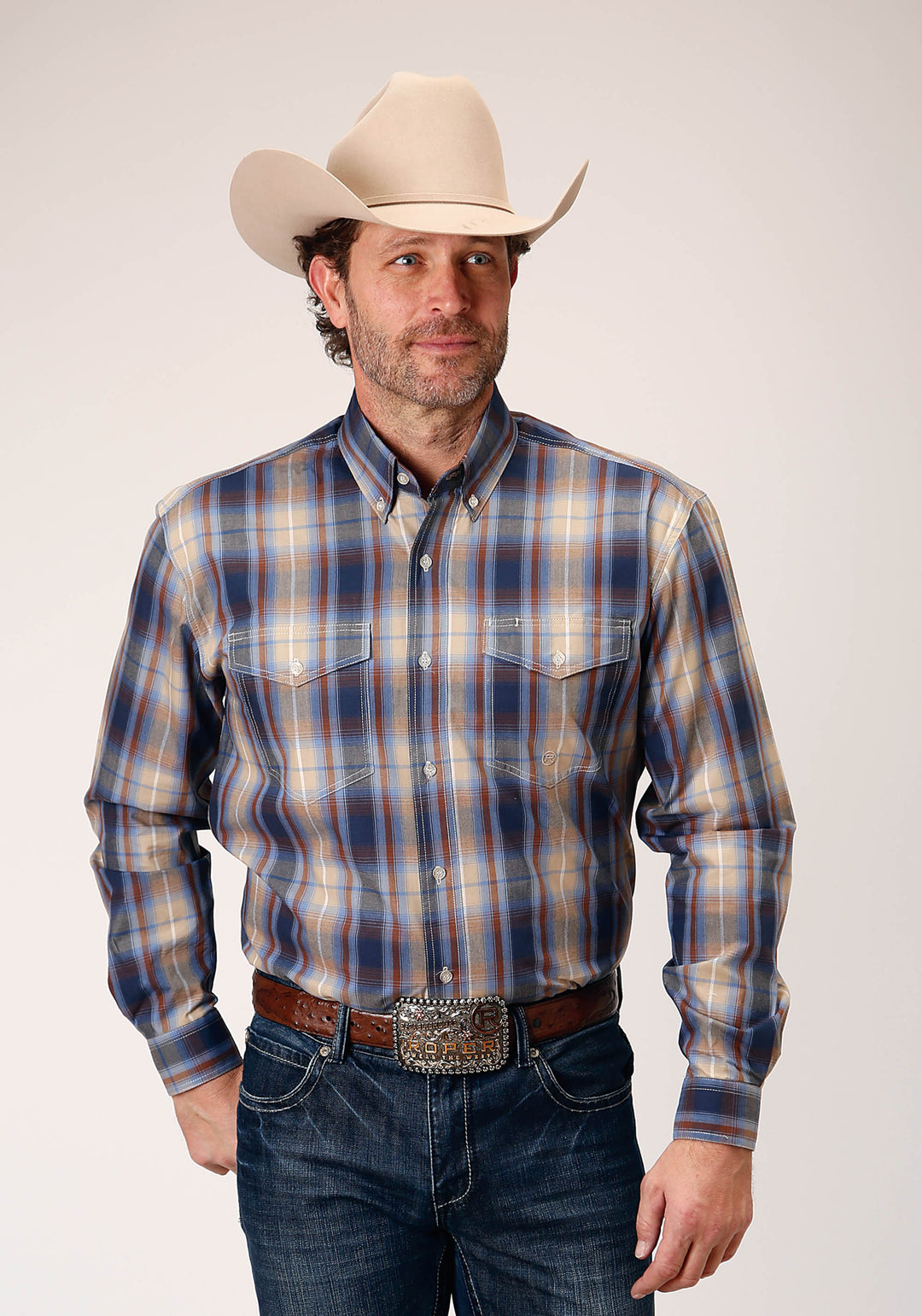 MENS LONG SLEEVE BUTTON RANCH PLAID WESTERN SHIRT