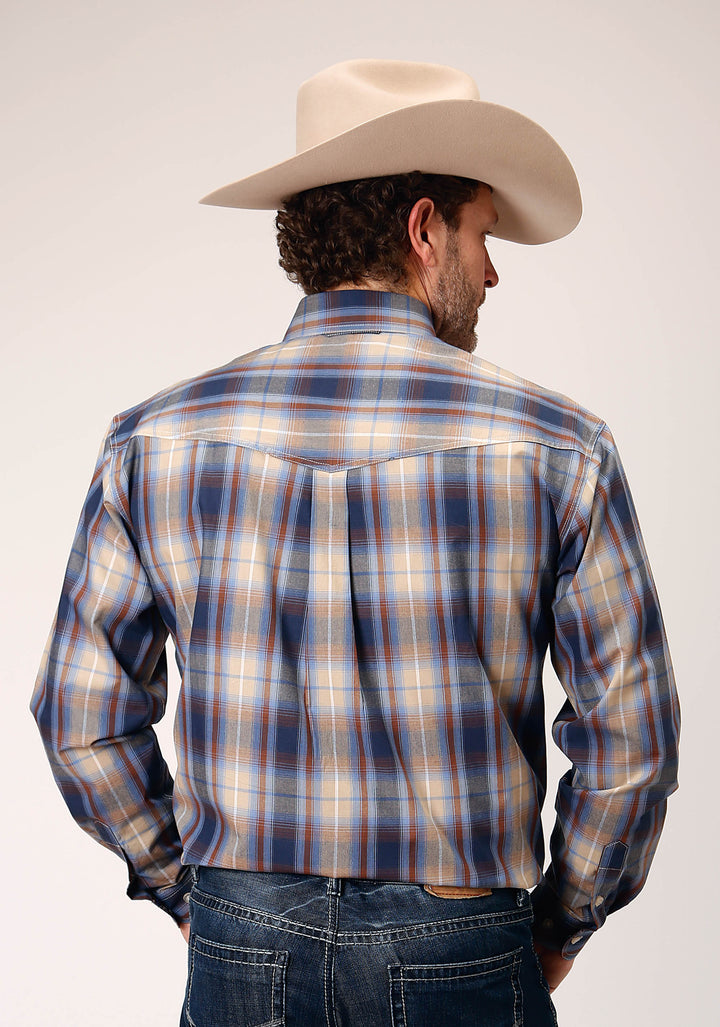 MENS LONG SLEEVE BUTTON RANCH PLAID WESTERN SHIRT