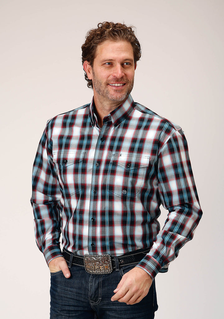 MENS LONG SLEEVE BUTTON WEST PLAID WESTERN SHIRT