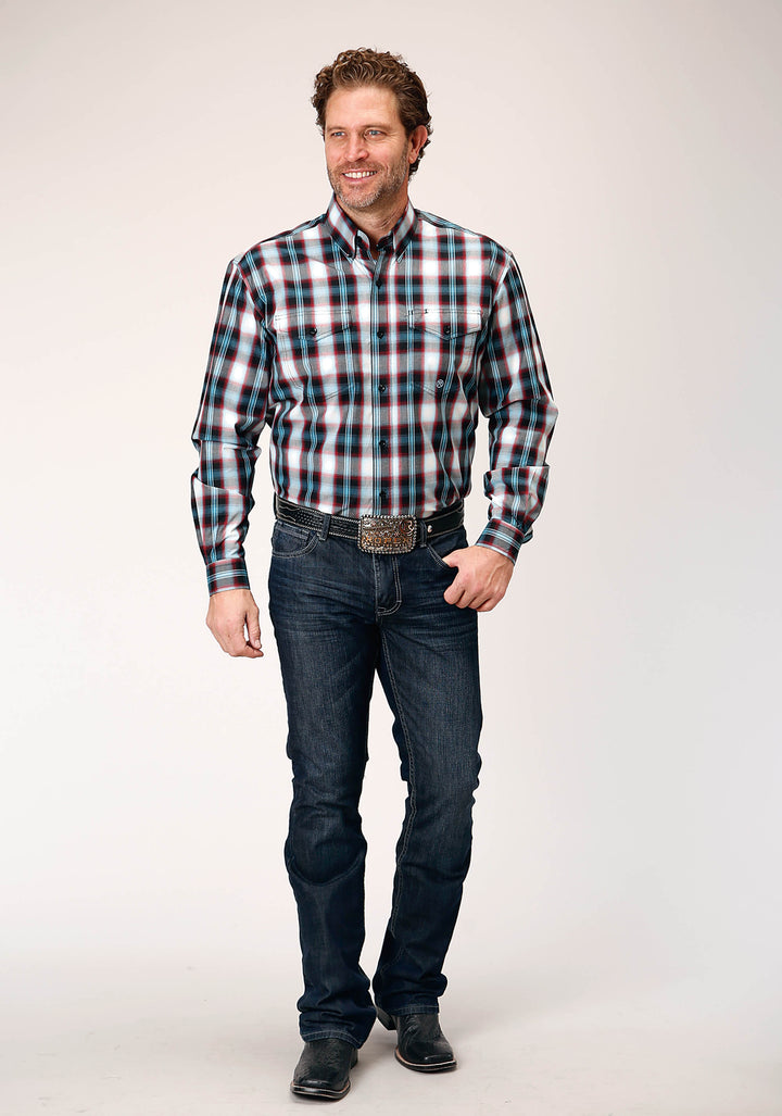MENS LONG SLEEVE BUTTON WEST PLAID WESTERN SHIRT