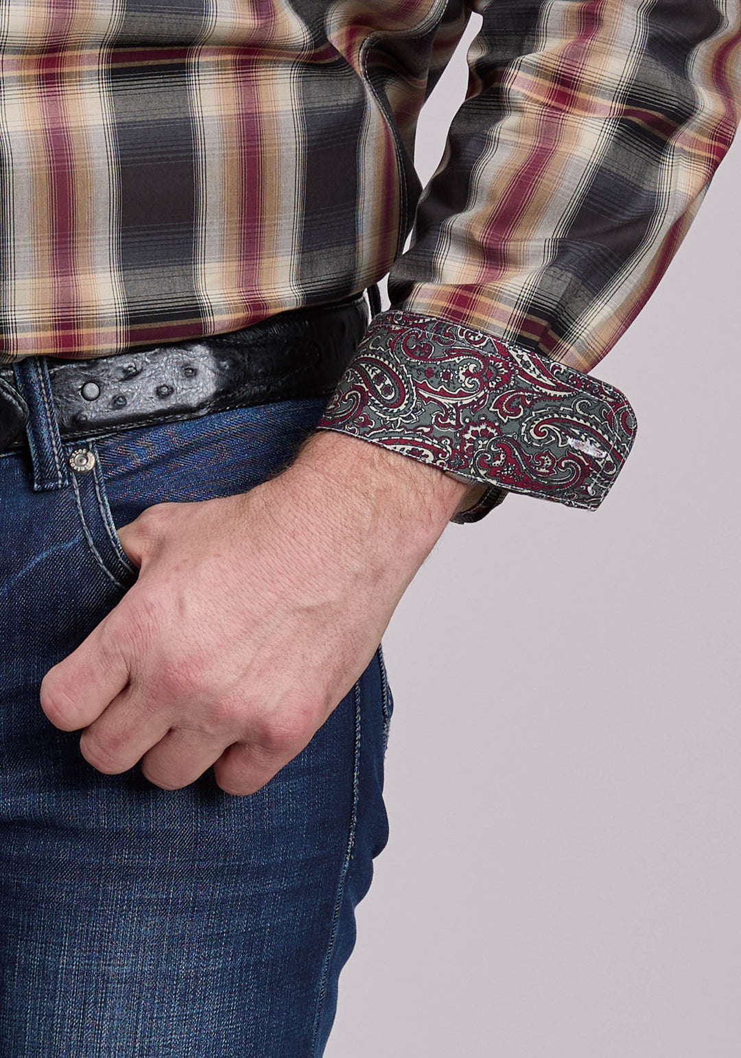 MENS LONG SLEEVE BUTTON BLACK OMBRE PLAID WESTERN SHIRT