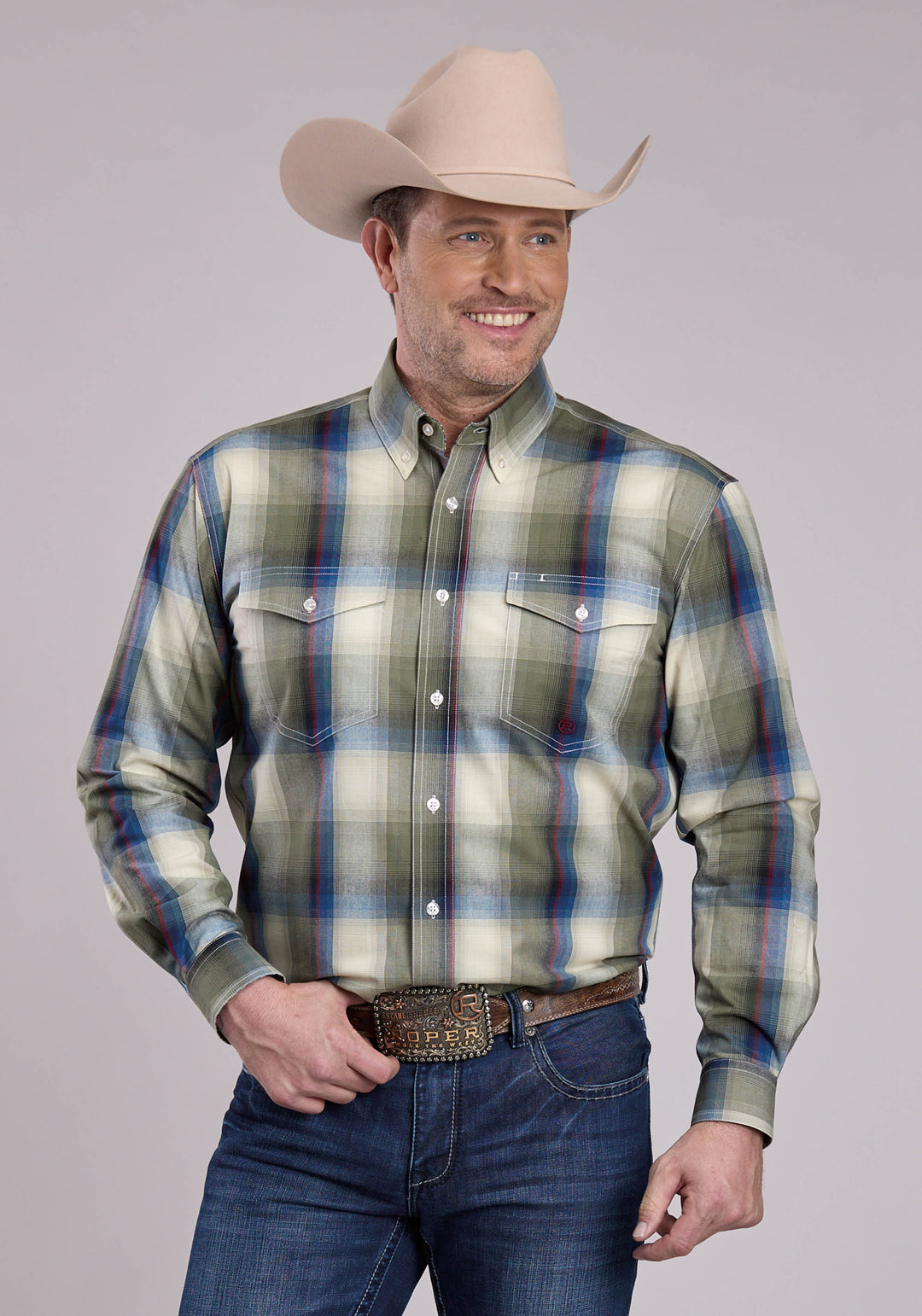 MENS LONG SLEEVE BUTTON EVERGREEN PLAID WESTERN SHIRT