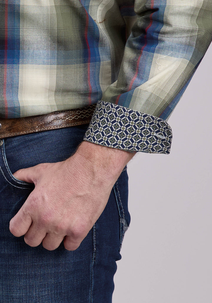 MENS LONG SLEEVE BUTTON EVERGREEN PLAID WESTERN SHIRT