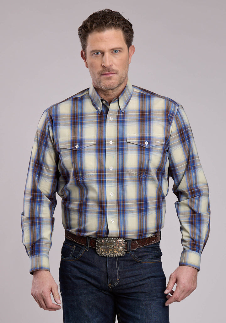 MENS LONG SLEEVE BUTTON OPEN WINDOW PLAID WESTERN SHIRT