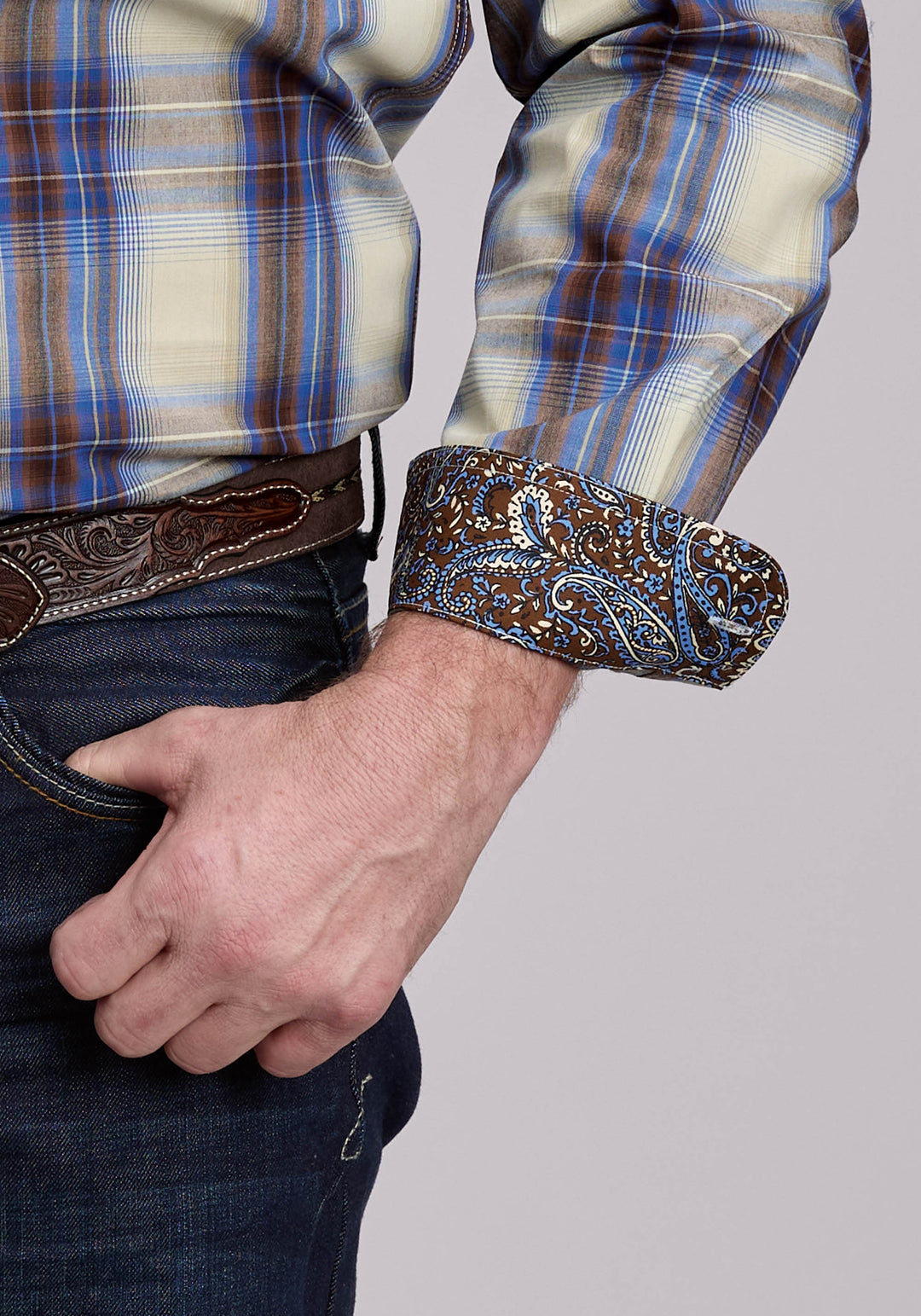 MENS LONG SLEEVE BUTTON OPEN WINDOW PLAID WESTERN SHIRT