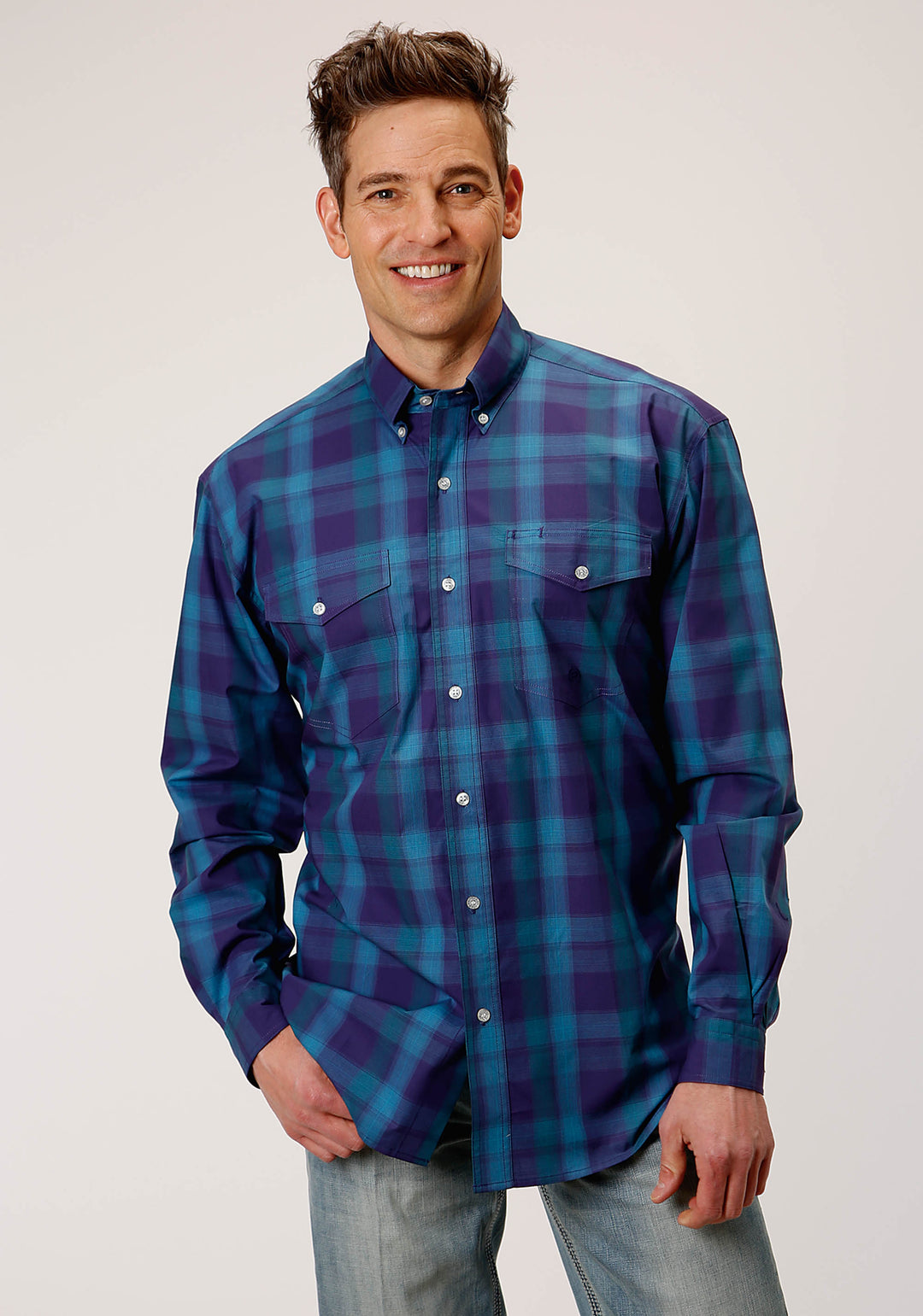 MENS LONG SLEEVE BUTTON SHADOW OMBRE WESTERN SHIRT