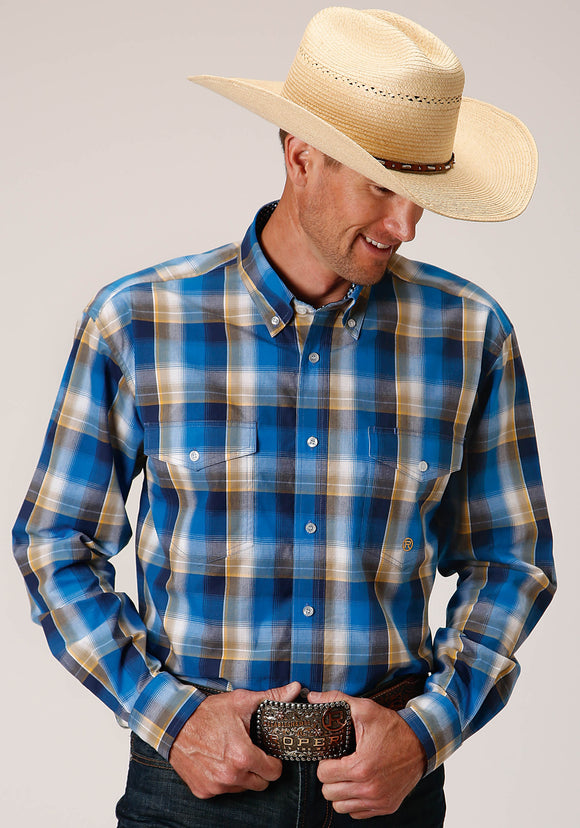 MENS LONG SLEEVE BUTTON CLEAR SKY PLAID WESTERN SHIRT