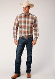 MENS LONG SLEEVE BUTTON COPPER OMBRE PLAID WESTERN SHIRT