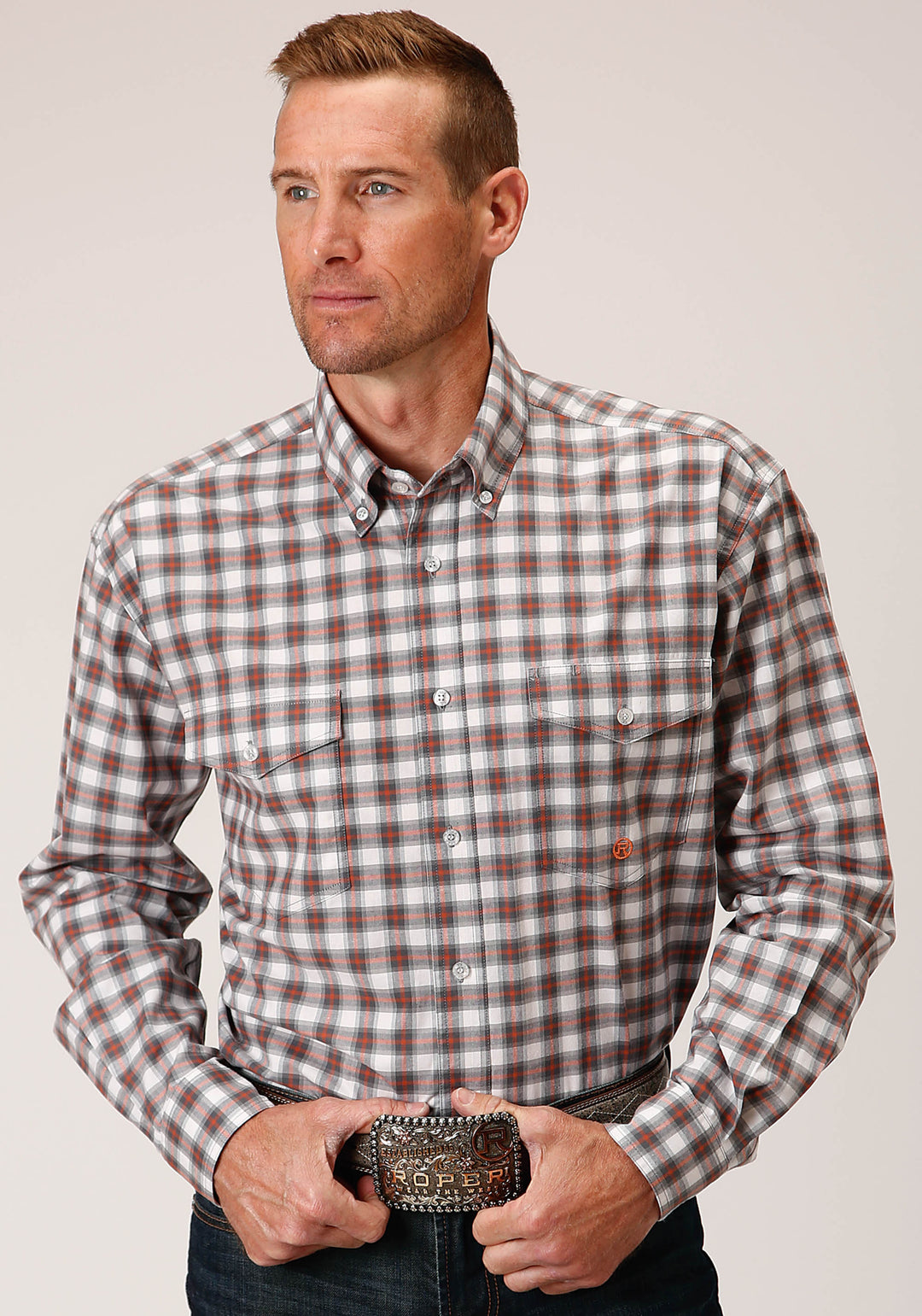 MENS LONG SLEEVE BUTTON NEW STRETCH CHECK  GREY WESTERN SHIRT