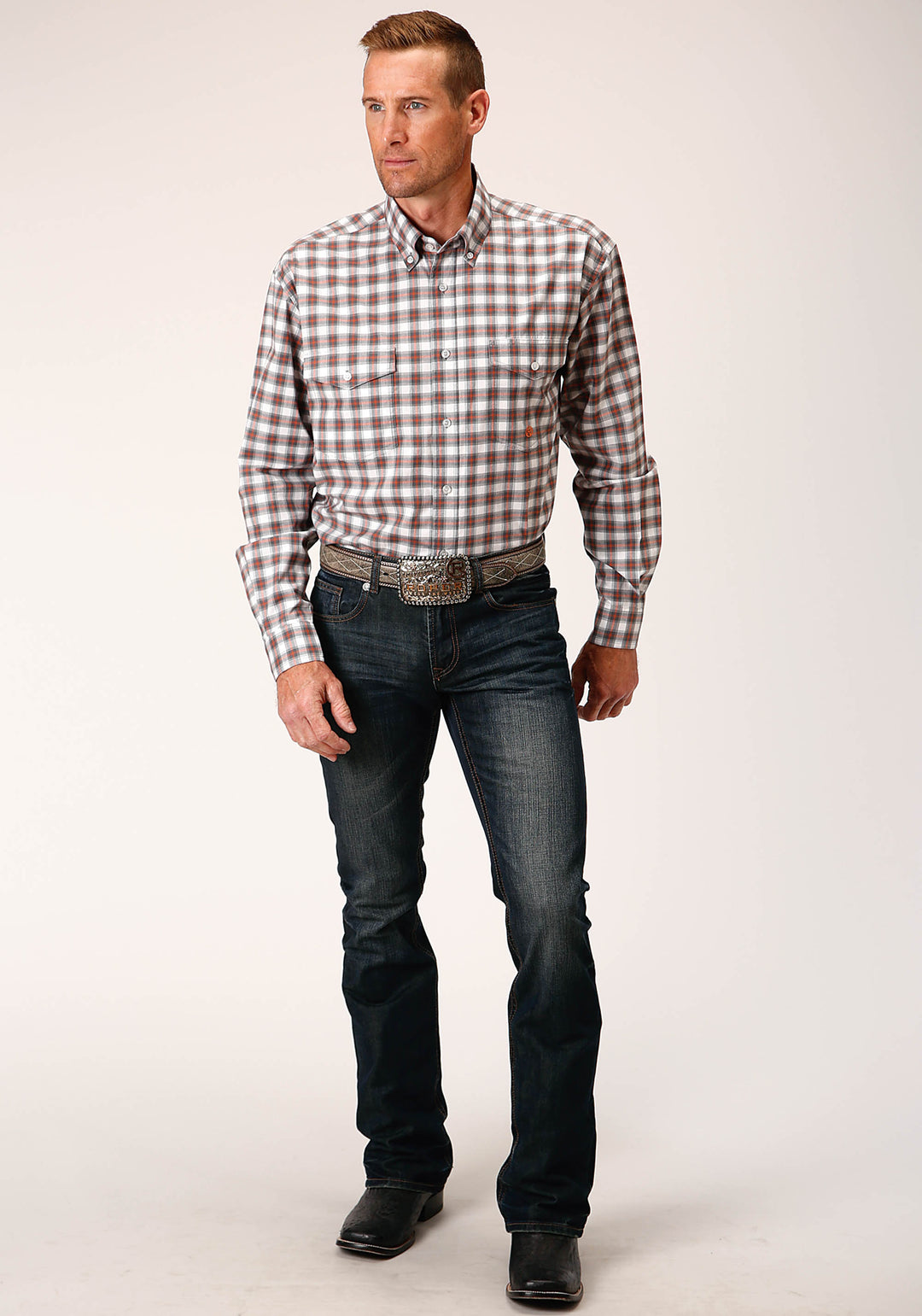 MENS LONG SLEEVE BUTTON NEW STRETCH CHECK  GREY WESTERN SHIRT