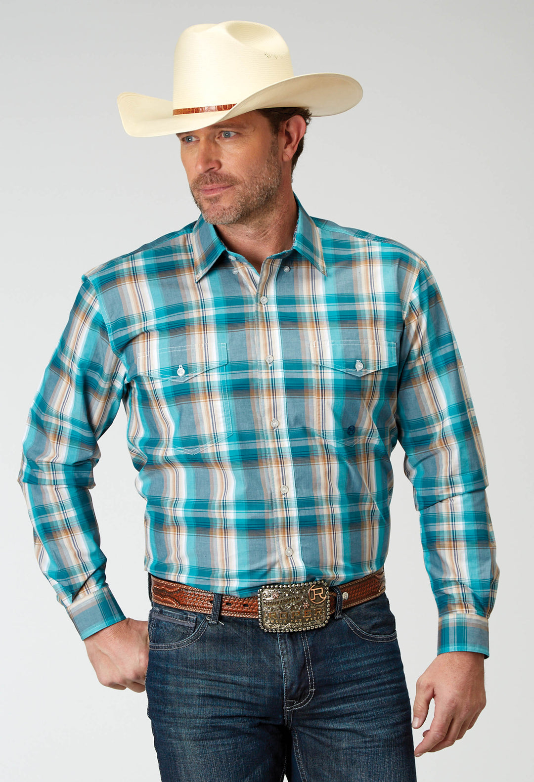MENS LONG SLEEVE BUTTON WATERS EDGE PLAID WESTERN SHIRT