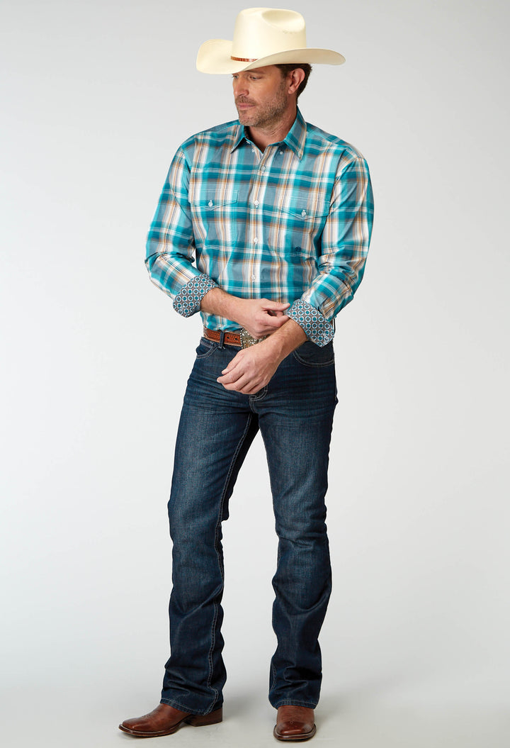 MENS LONG SLEEVE BUTTON WATERS EDGE PLAID WESTERN SHIRT