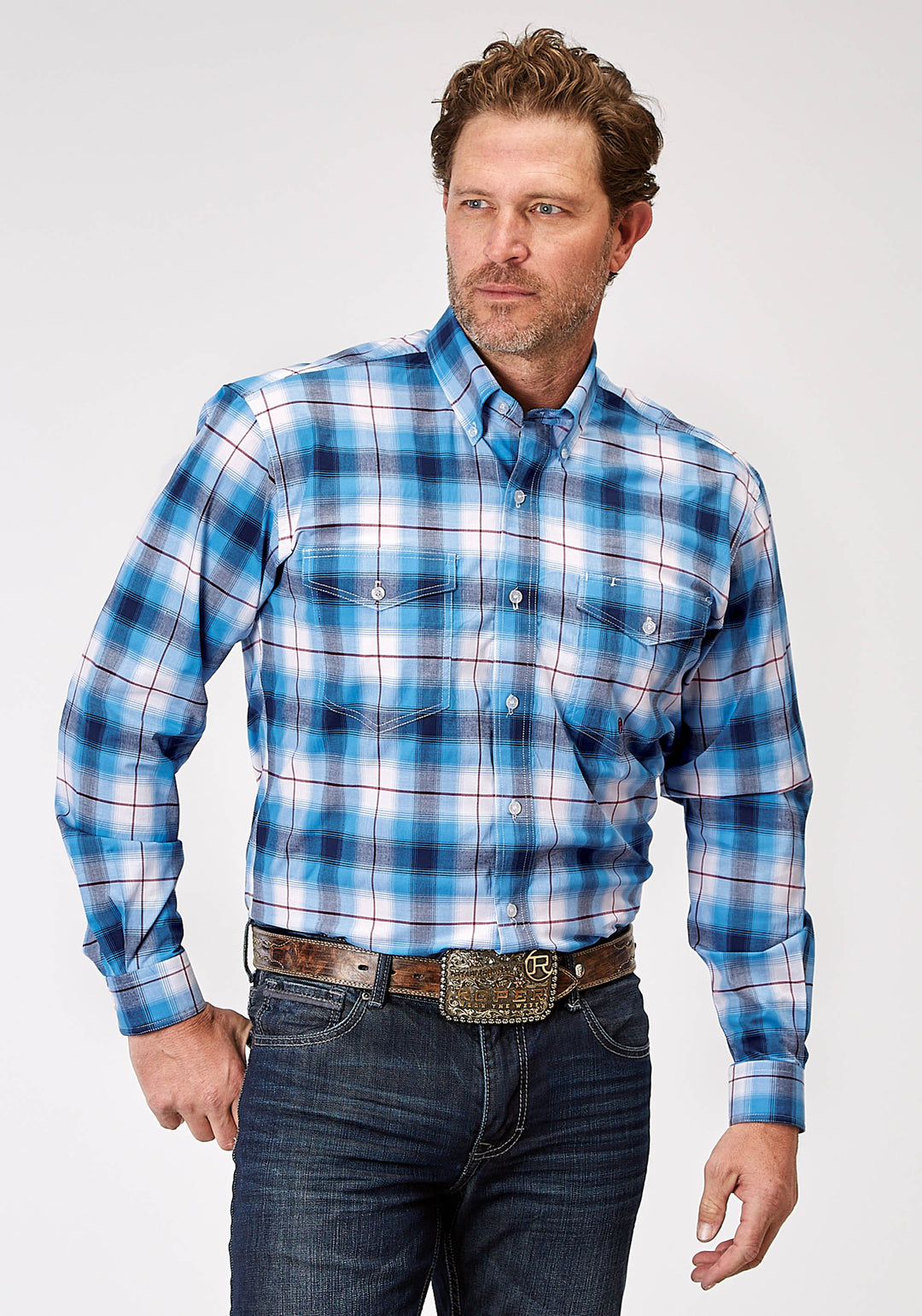 MENS LONG SLEEVE BUTTON STRETCH POPLIN BLUE PLAID WESTERN SHIRT