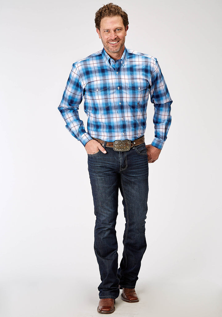 MENS LONG SLEEVE BUTTON STRETCH POPLIN BLUE PLAID WESTERN SHIRT