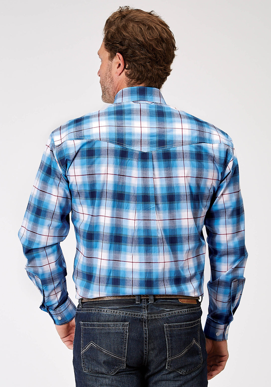 MENS LONG SLEEVE BUTTON STRETCH POPLIN BLUE PLAID WESTERN SHIRT