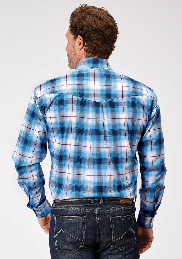 MENS LONG SLEEVE BUTTON STRETCH POPLIN BLUE PLAID WESTERN SHIRT