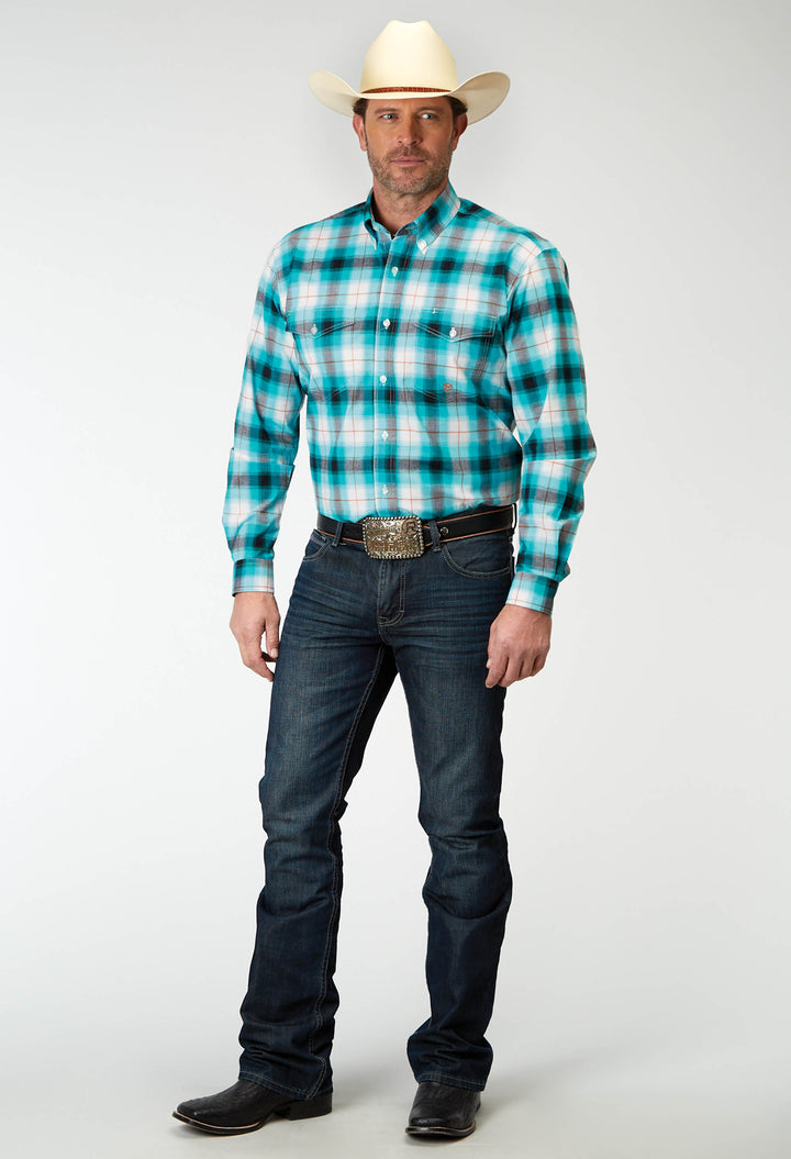MENS LONG SLEEVE BUTTON STRETCH POPLIN TURQUOISE PLAID WESTERN SHIRT