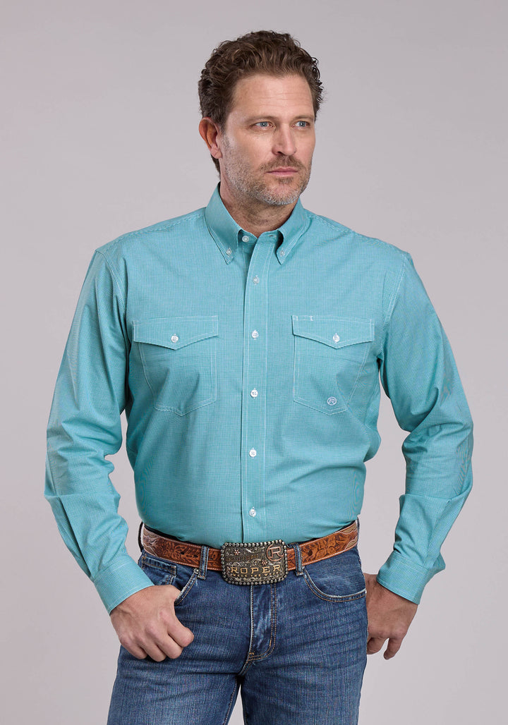 MENS ROPER STRETCH MINICHECK TURQUOISE LONG SLEEVE BUTTON SHIRT