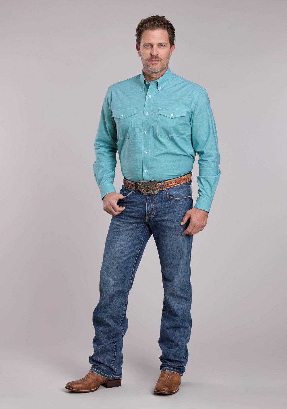MENS ROPER STRETCH MINICHECK TURQUOISE LONG SLEEVE BUTTON SHIRT