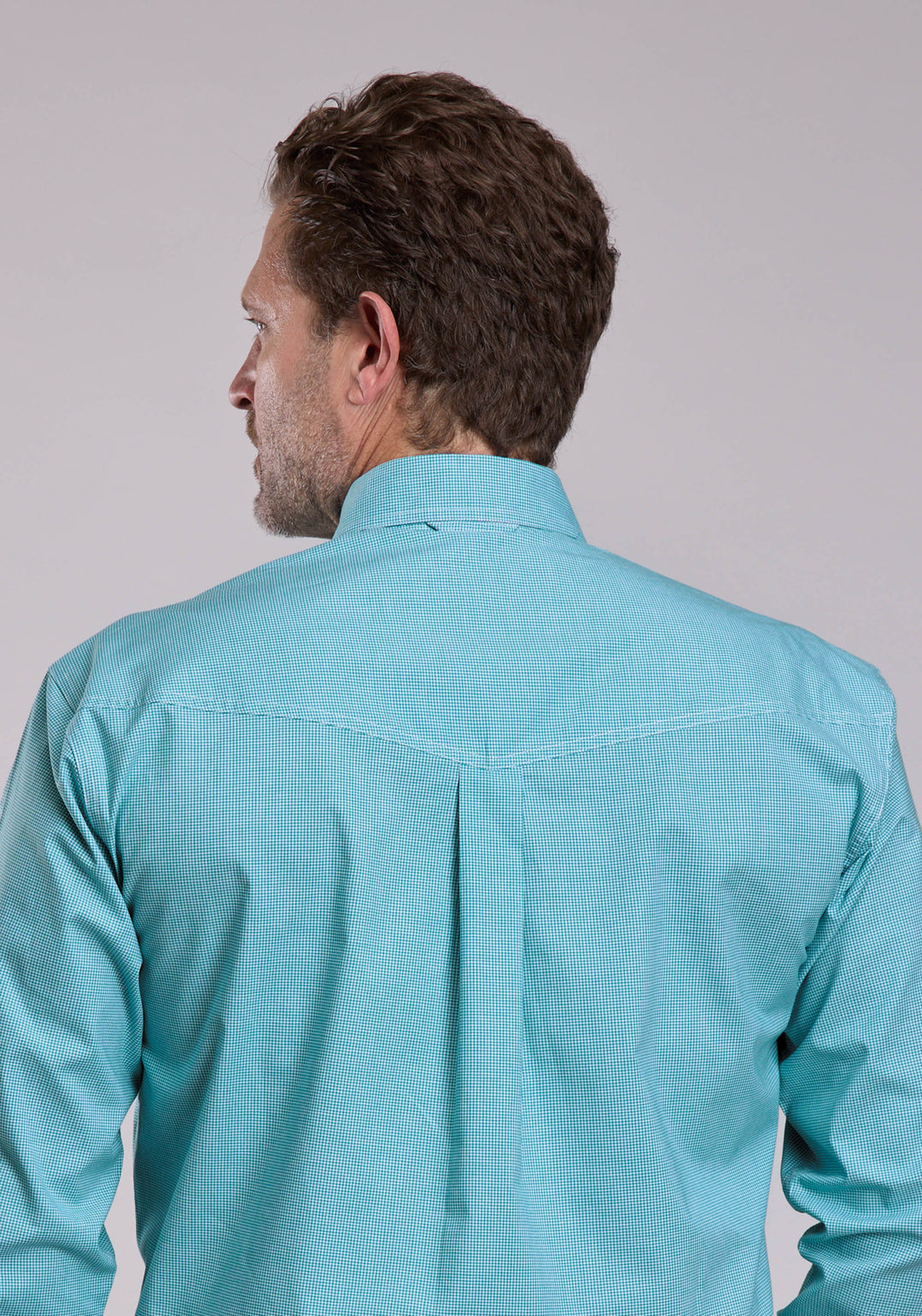 MENS ROPER STRETCH MINICHECK TURQUOISE LONG SLEEVE BUTTON SHIRT