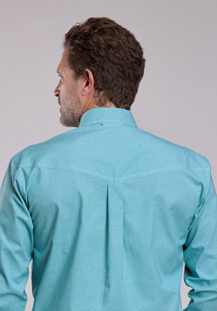 MENS ROPER STRETCH MINICHECK TURQUOISE LONG SLEEVE BUTTON SHIRT