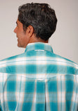 MENS LONG SLEEVE BUTTON TURQUOISE SAND OMBRE PLAID WESTERN SHIRT