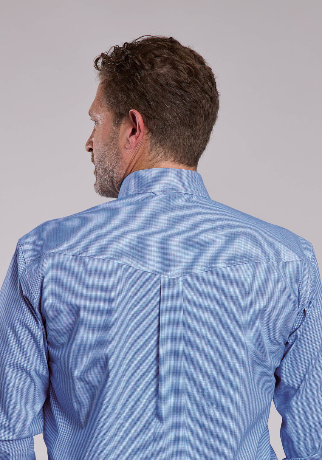 MENS ROPER STRETCH MINI CHECK BLUE LONG SLEEVE BUTTON SHIRT