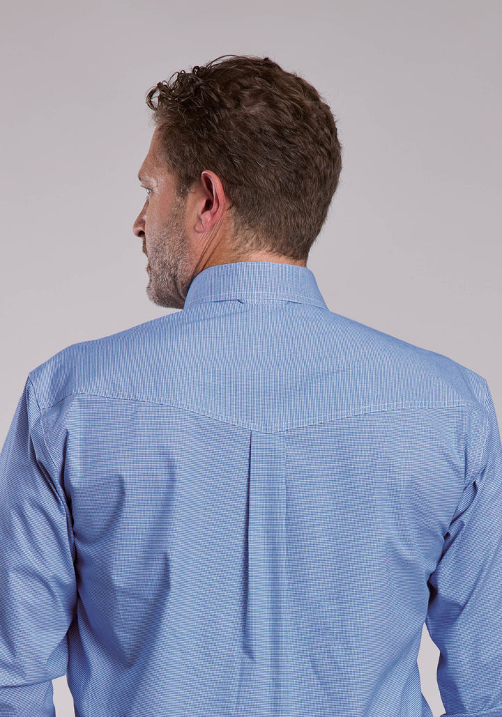 MENS ROPER STRETCH MINI CHECK BLUE LONG SLEEVE BUTTON SHIRT