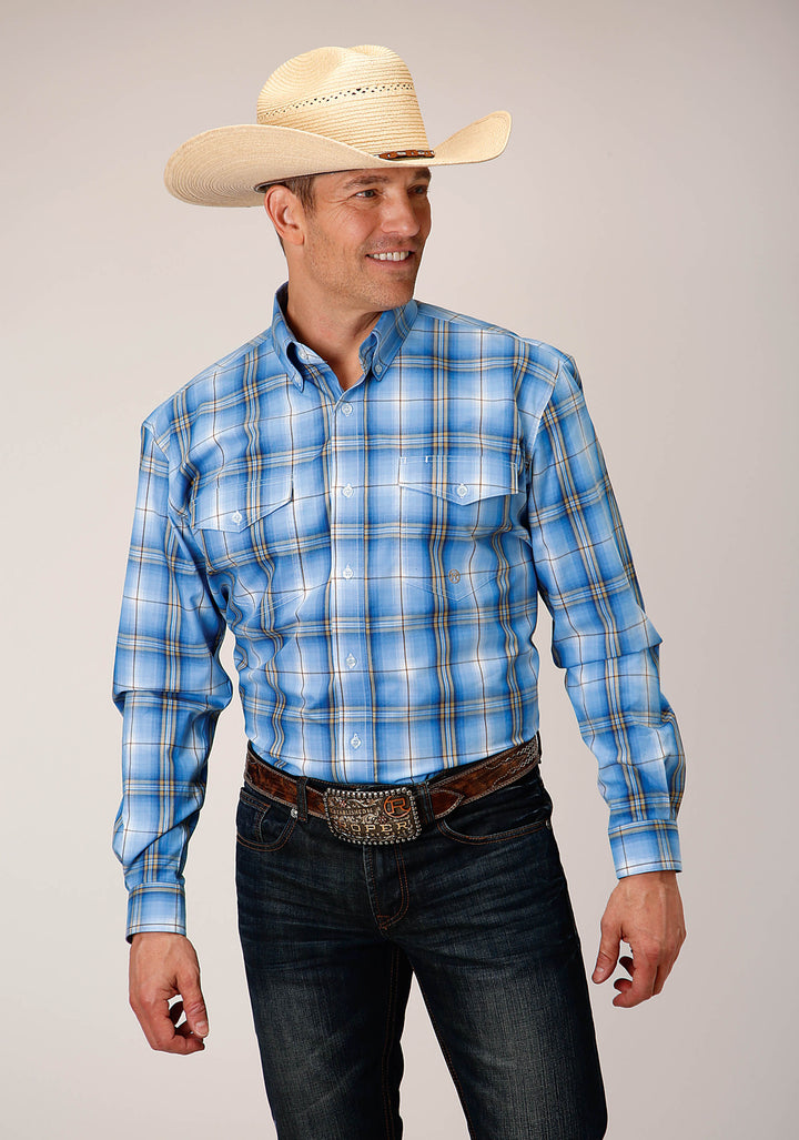 MENS LONG SLEEVE BUTTON CORNFLOWER PLAID WESTERN SHIRT