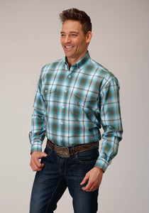 MENS LONG SLEEVE BUTTON MEADOW PLAID WESTERN SHIRT