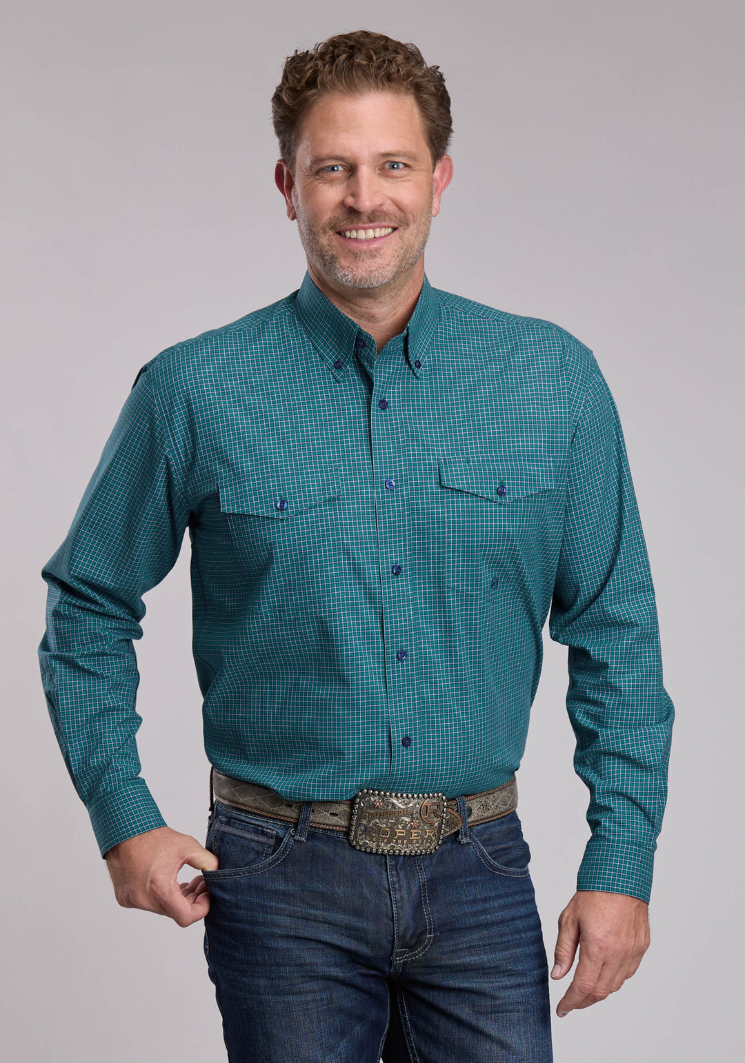 MENS ROPER STRETCH CHECK WESTERN BUTTON UP SHIRT