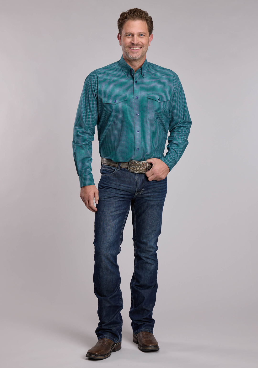 MENS ROPER STRETCH CHECK WESTERN BUTTON UP SHIRT