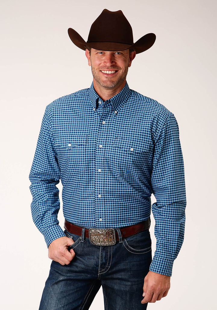 MENS LONG SLEEVE BUTTON BLUE OXFORD CHECK WESTERN SHIRT
