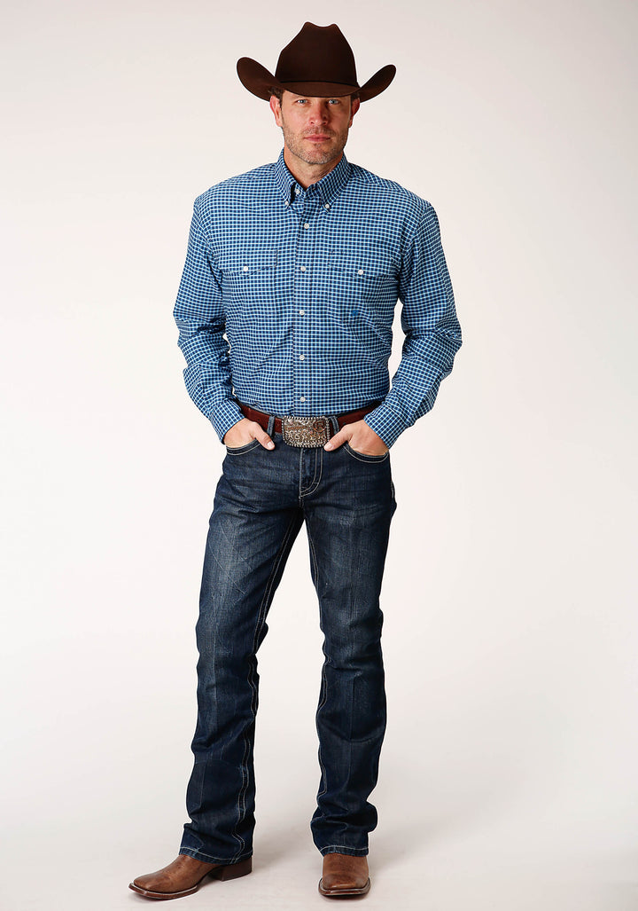 MENS LONG SLEEVE BUTTON BLUE OXFORD CHECK WESTERN SHIRT