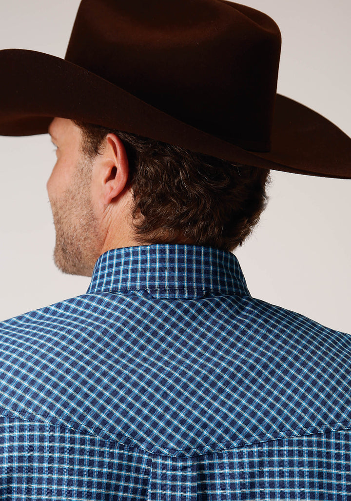 MENS LONG SLEEVE BUTTON BLUE OXFORD CHECK WESTERN SHIRT
