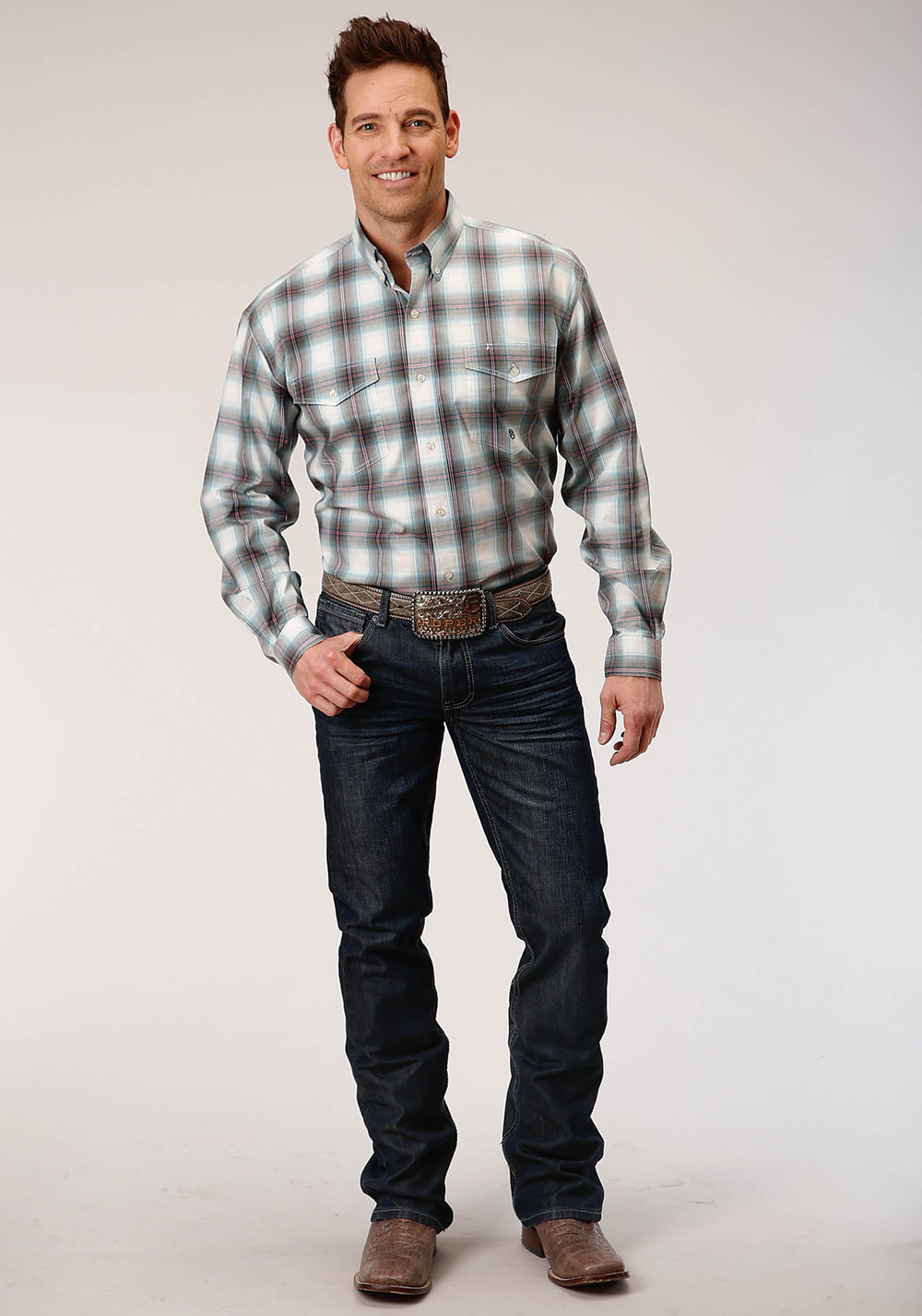 MENS LONG SLEEVE BUTTON OLIVE STRETCH PLAID WESTERN SHIRT