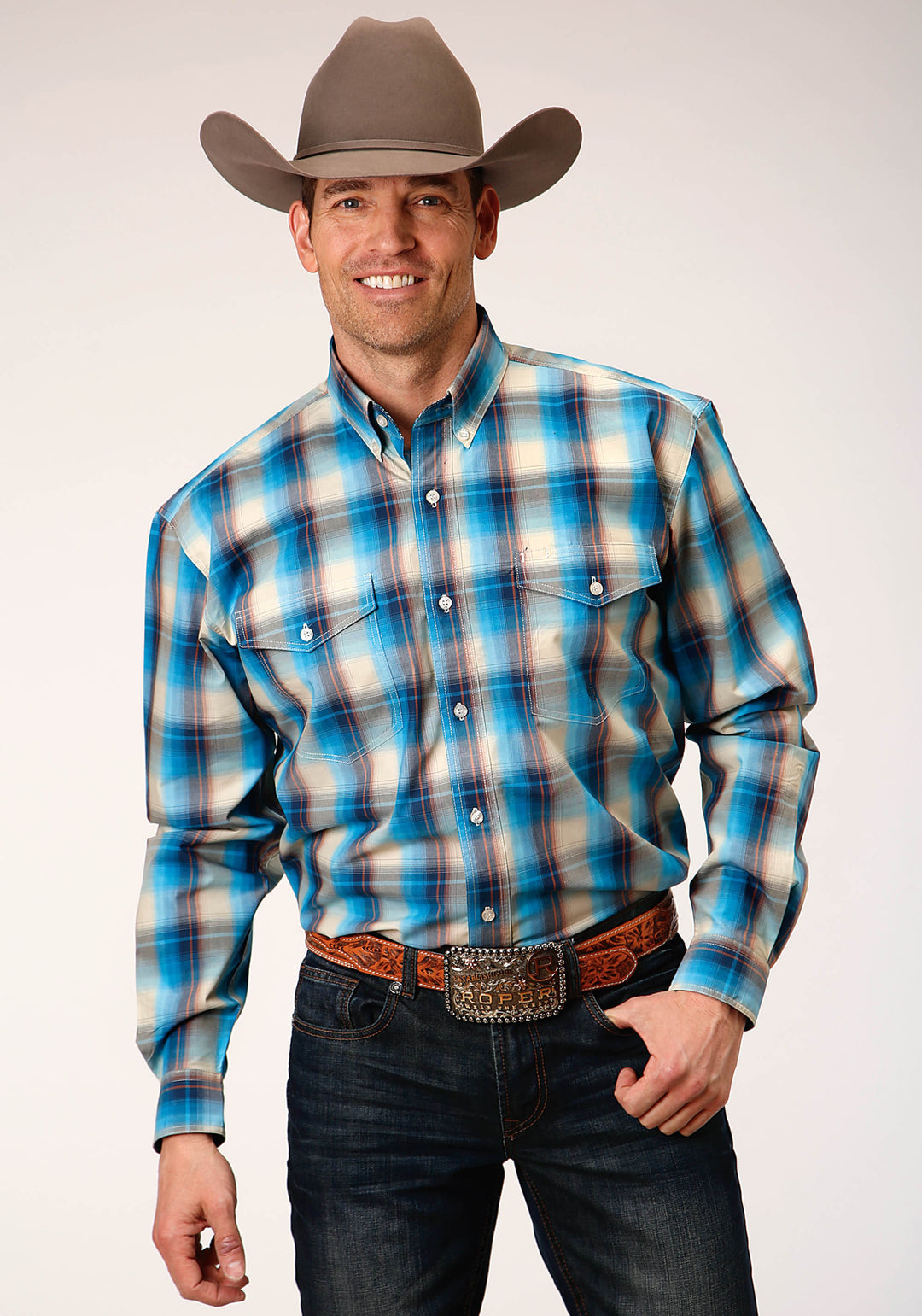 MENS LONG SLEEVE BUTTON SUNSET PLAID WESTERN SHIRT