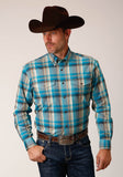 MENS LONG SLEEVE BUTTON SANDY TURQUOISE PLAID WESTERN SHIRT