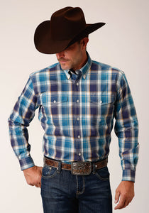 MENS LONG SLEEVE BUTTON BLUEBERRY PLAID WESTERN SHIRT