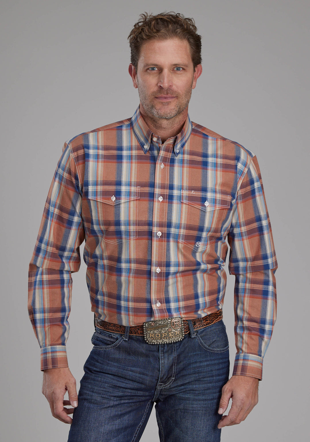 MENS FALLING LEAVES PLAID LONG SLEEVE BUTTON WESTERN SHIRT