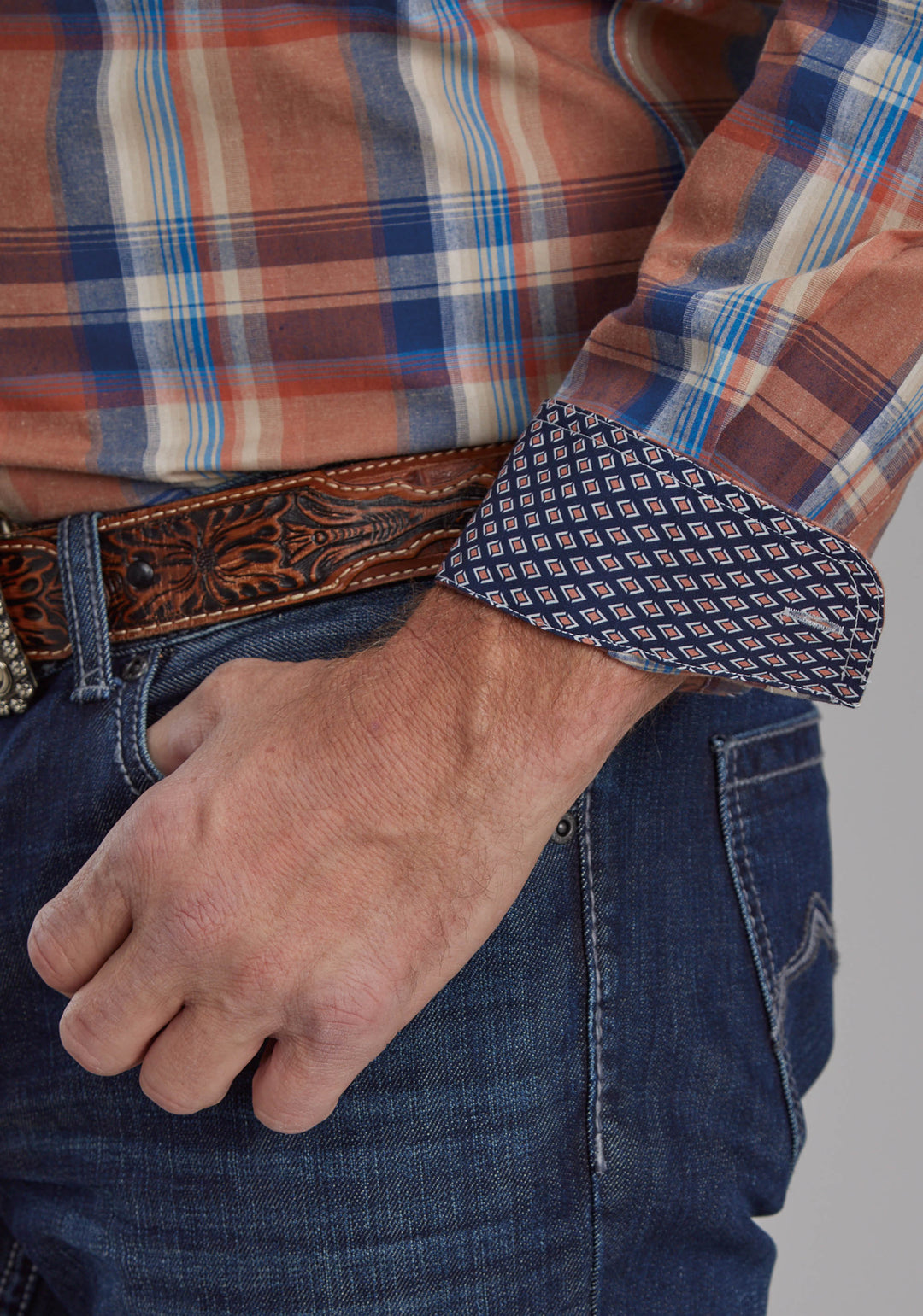 MENS FALLING LEAVES PLAID LONG SLEEVE BUTTON WESTERN SHIRT