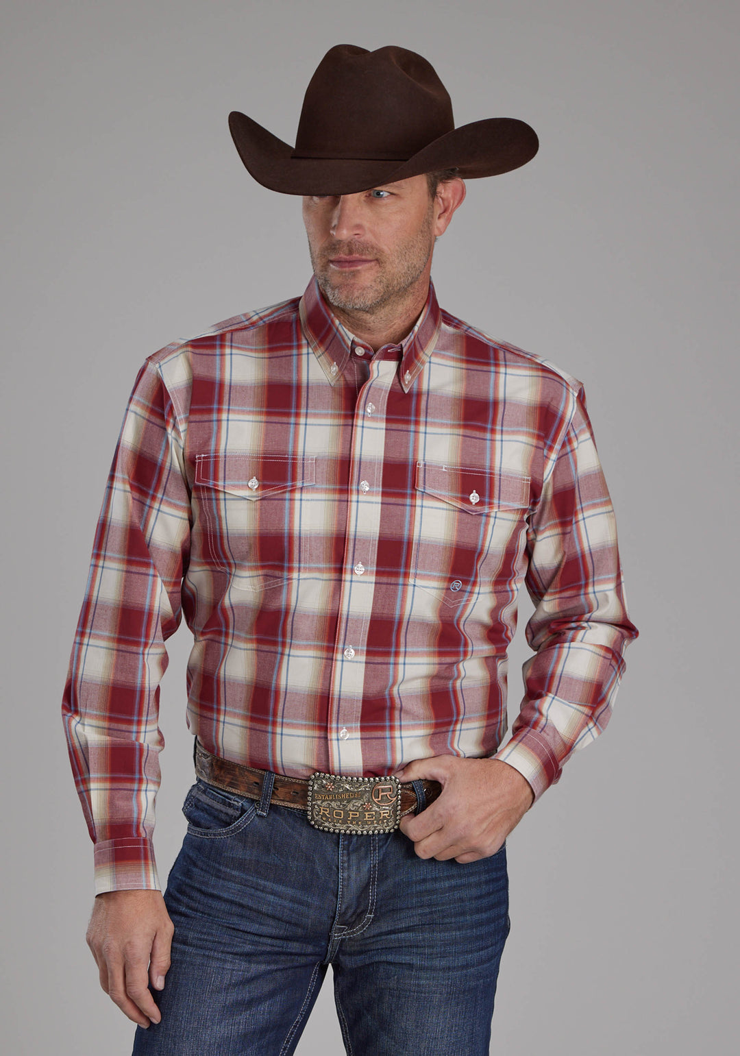 MENS '57 CHEVY PLAID LONG SLEEVE BUTTON WESTERN SHIRT