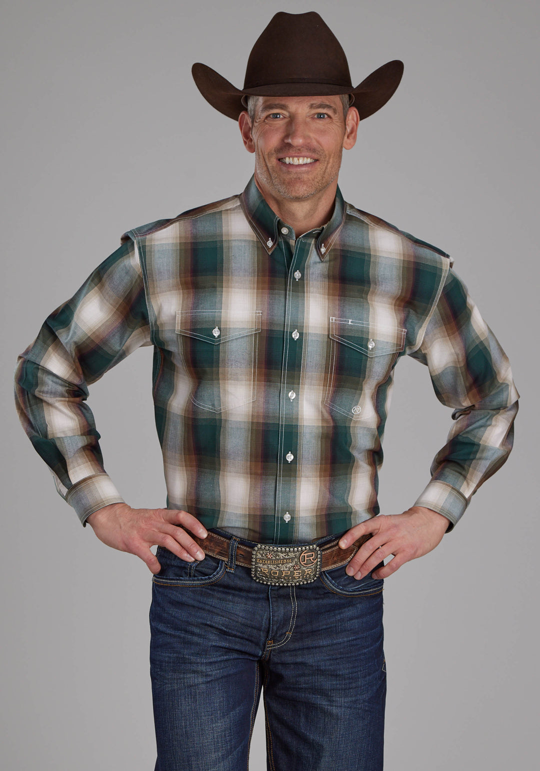 MENS TALL TREE PLAID LONG SLEEVE BUTTON WESTERN SHIRT